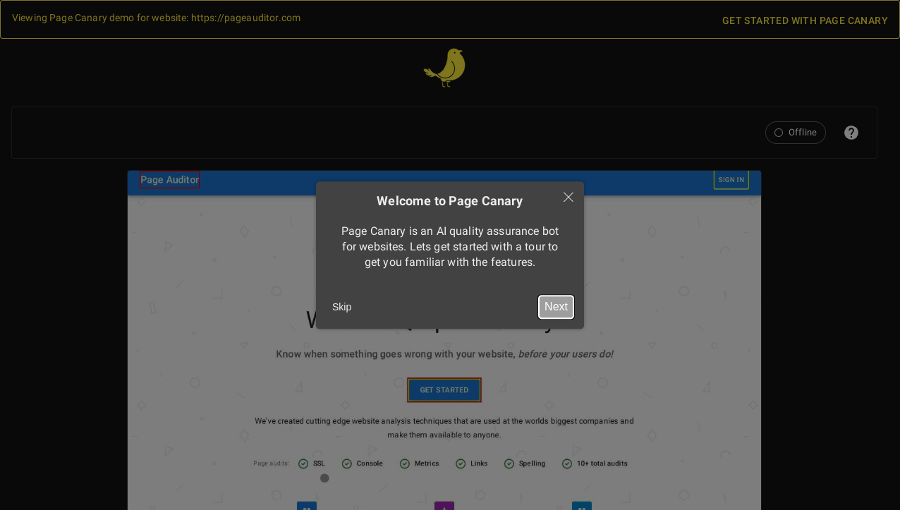 Screenshot of Page Canary